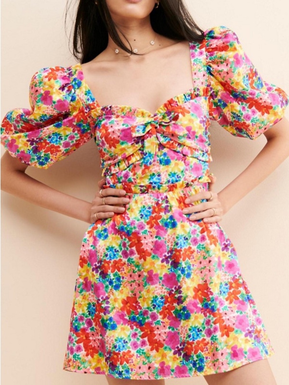 For Love & Lemons Merrill Puff Sleeve Mini Dress XS Floral Bow Front Cottagecore